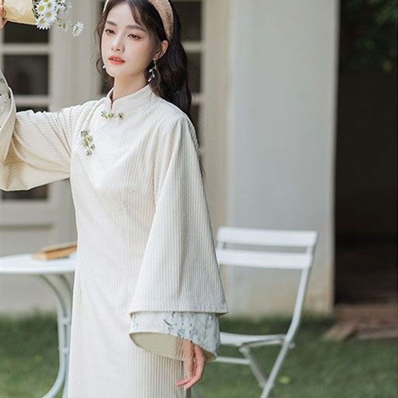 新中式套装日常汉服马甲改良旗袍女中国风倒大袖秋冬长连衣裙