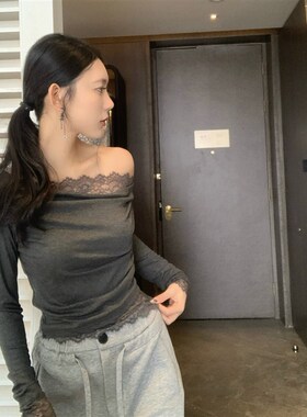 Mas Mash 佛罗伦萨黄昏 拼接蕾丝斜肩长袖露肩打底衫女春显瘦上衣