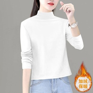 黑色半高领内搭打底衫女秋冬加绒加厚小个子短款t恤长袖保暖上衣
