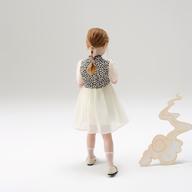 女童中国风短袖连衣裙夏季2025新款儿童洋气女宝宝网纱裙子夏装潮