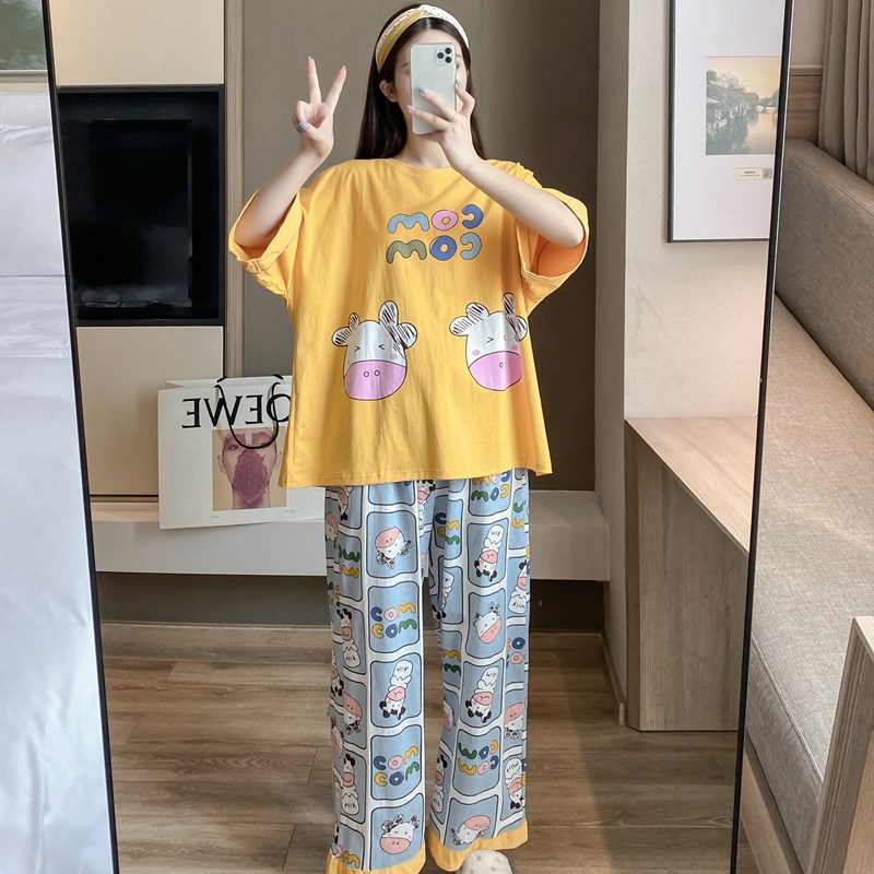 夏季纯棉卡通奶牛睡衣女200斤短袖长裤大码胖mm宽松家居服两件套