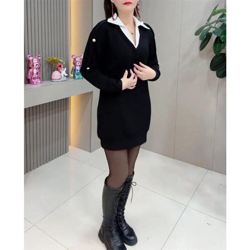 大码时尚假两件连衣裙2024秋冬新款气质显瘦衬衫领中长款卫衣裙女