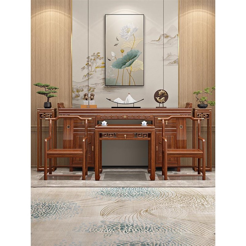 胡桃木新中式中堂六件套实木八仙桌中堂农村条案供桌香案家用玄关