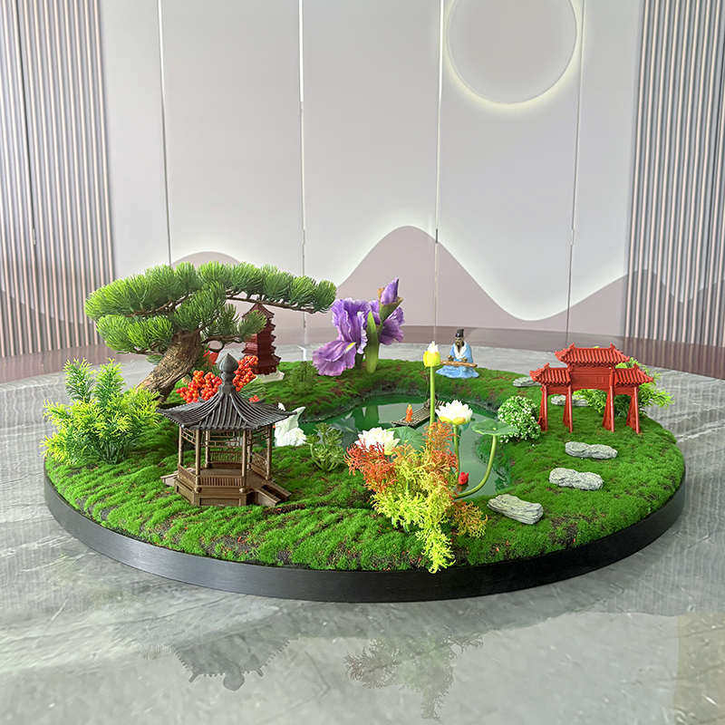 酒店大圆桌装饰摆件新中式转盘中间摆花圆形微缩景观桌花餐桌摆台