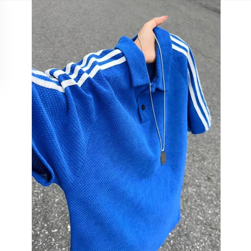 美式龙鳞纹透气不透肉polo衫短袖男款夏季休闲宽松百搭三条杆上衣