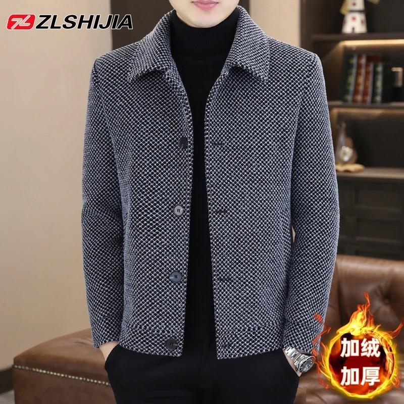 沐享家居德诺品质男装馆毛呢外套短款翻领格子加J厚男士夹克风衣