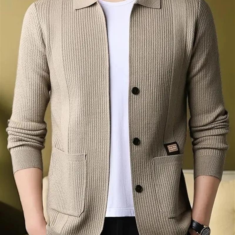 HQ轻奢严d选男外穿E开衫毛衣男新款翻领针织衫宽松休闲薄款男士外