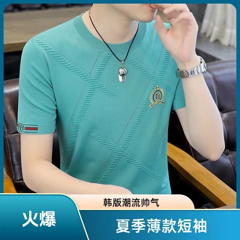 万申臻选服饰2夏季潮流冰丝圆领修身休闲时尚韩版薄帅气针织短袖