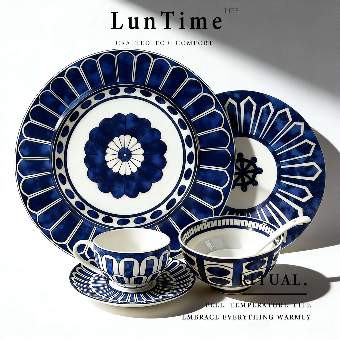 LunTime生活 蓝色几何咖啡杯套装餐盘漂亮骨瓷盘子陶瓷餐具