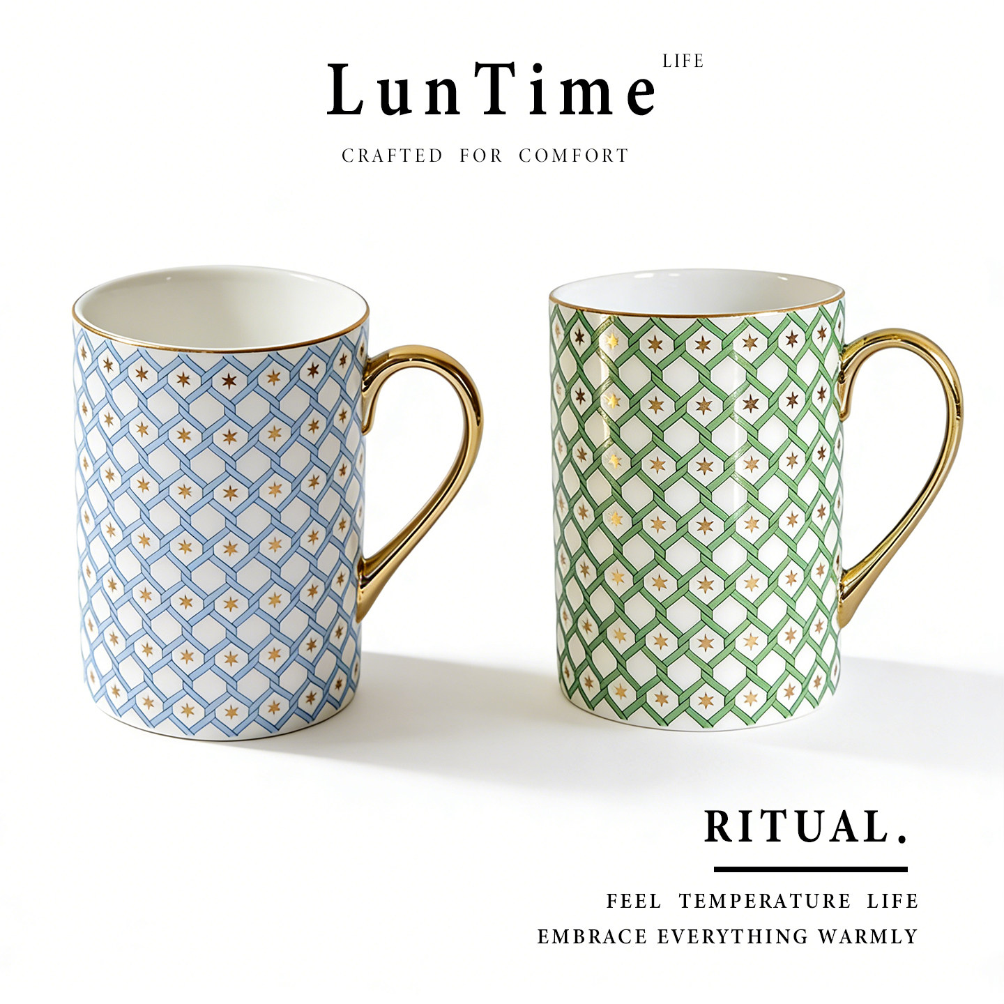LunTime生活 几何图案骨瓷咖啡杯金边手柄马克杯轻奢高颜值北欧风