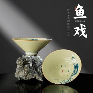 家用功夫茶盏 老陶泥茶杯手绘斗笠杯个人专用高档陶瓷主人杯中式