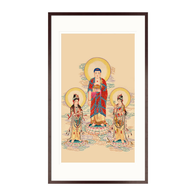 工笔人物佛像国画西方三圣观音菩萨画像玄关中式卷轴画框装饰挂画
