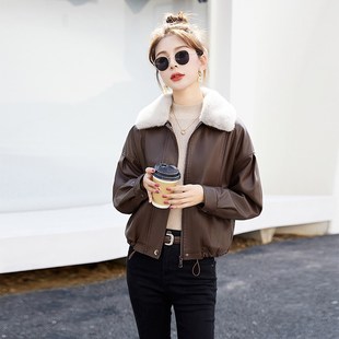 宽松加绒皮衣外套女冬季短款2024新款高级感小个子休闲皮夹克棉服