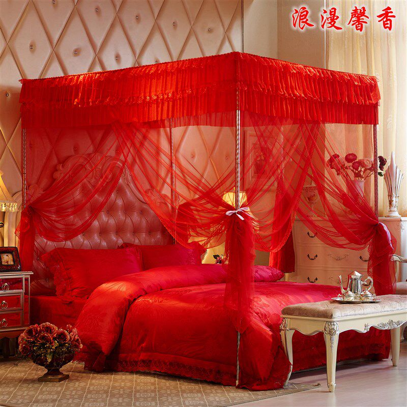 加粗不锈钢结婚庆蚊帐三开门方顶落地加高支架宫廷吊顶大红色帐子