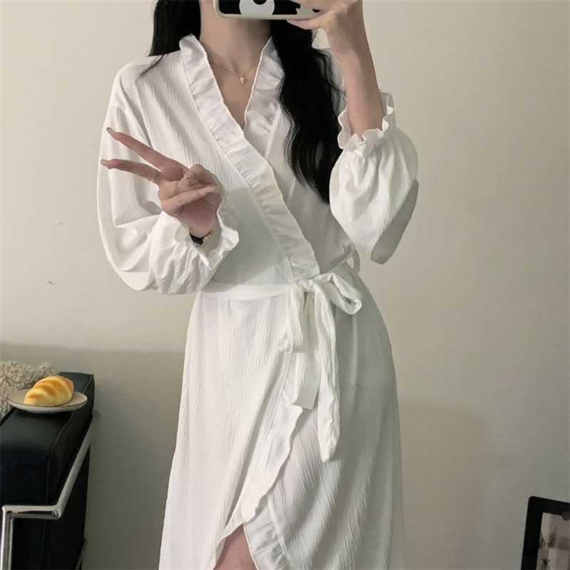 春秋新款睡裙女长袖荷叶边和服睡袍白色系带浴袍中长款性感家居服