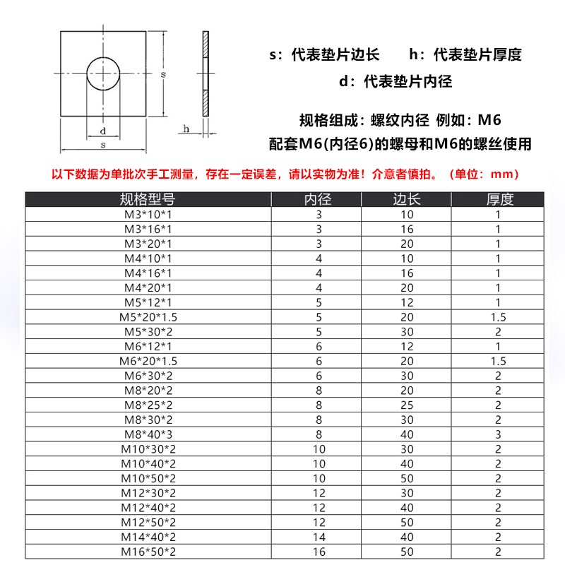304不锈钢加厚四方垫片正方形方型垫子M8M10M12M16M20厚度3/4/5mm