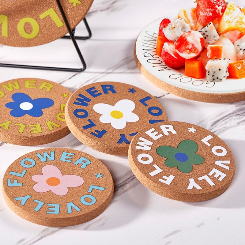 北欧风彩色花朵软木隔热垫防烫家用桌垫碗垫盘垫杯垫锅垫配铁架