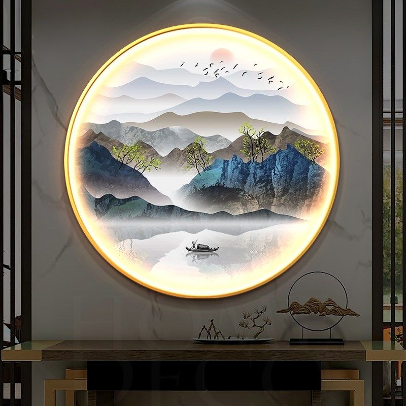 餐厅壁画感应发光带灯挂画新中式玄关装饰画江南山水客厅入户网红
