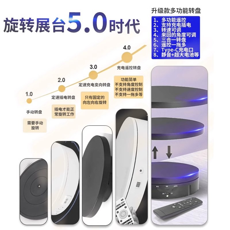 新升级款遥控旋转展示台电动转盘产品拍摄直播展示底座三合一转盘