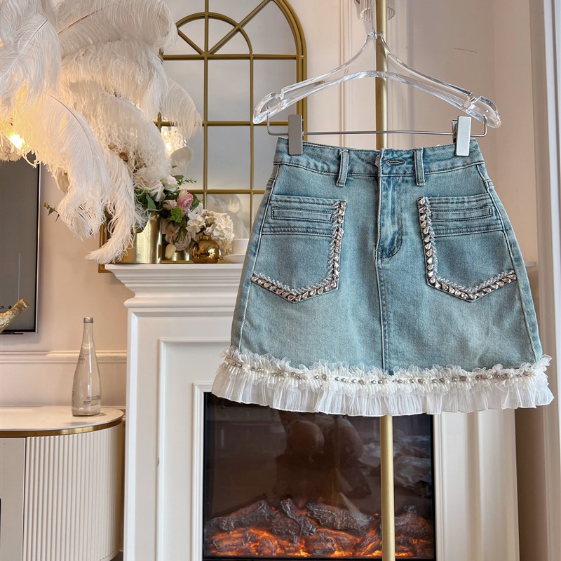 2024年夏季新款高腰显瘦荷叶边钉珠半身裙气质百搭时尚包裙a字裙