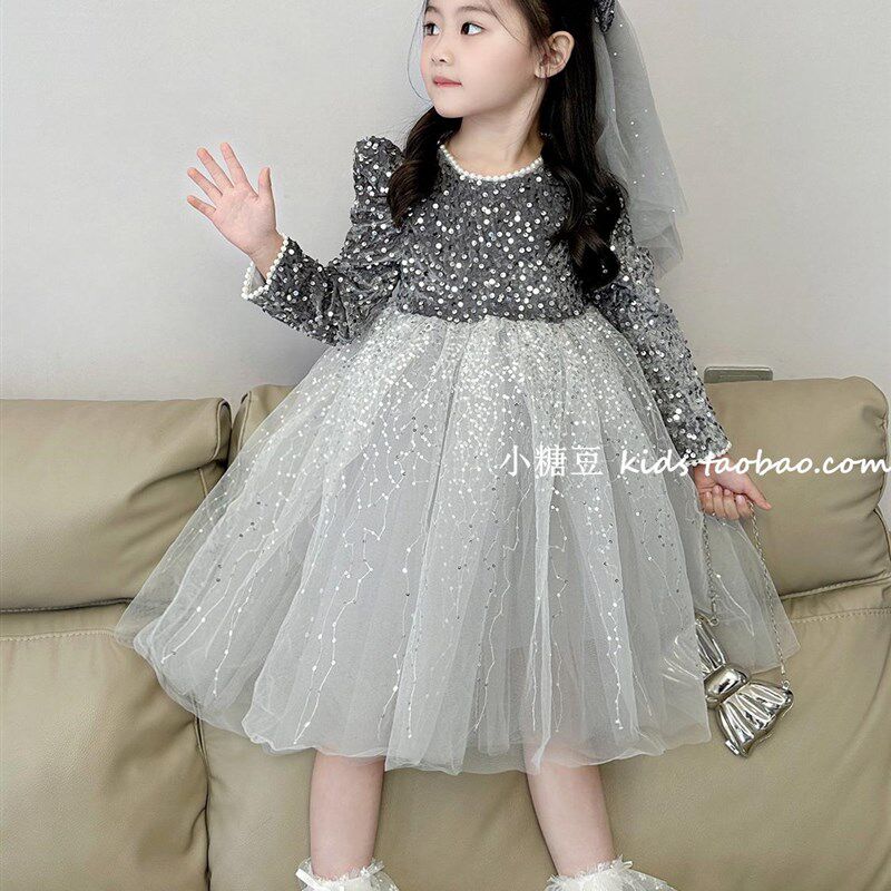 女童加绒亮片网纱连衣裙2025秋冬新款女孩闪闪纱裙蓬蓬公主裙礼服