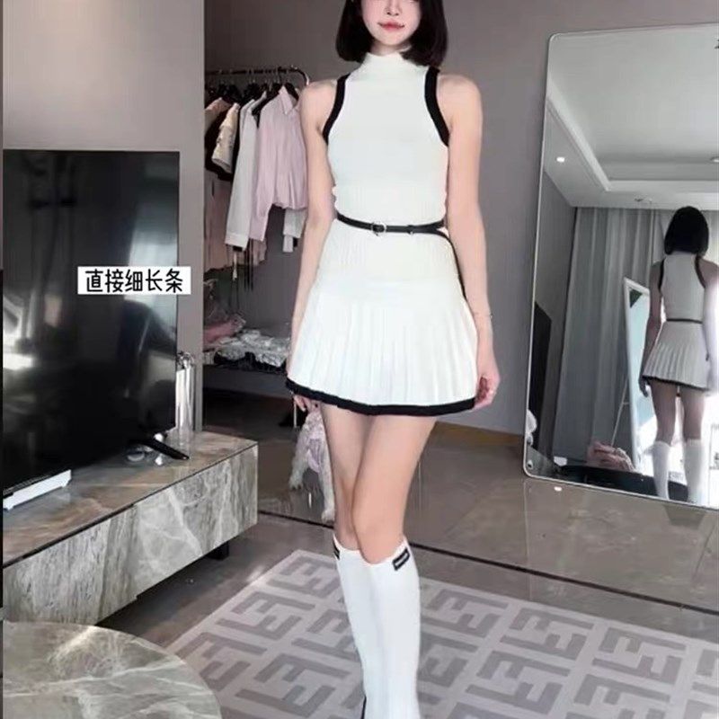 少女俏皮无袖白色针织背心女2024夏半高领高腰百褶裙半身裙两件套,女装/女士精品,时尚套装,淘宝优惠券,粉丝福利购,淘宝优惠卷