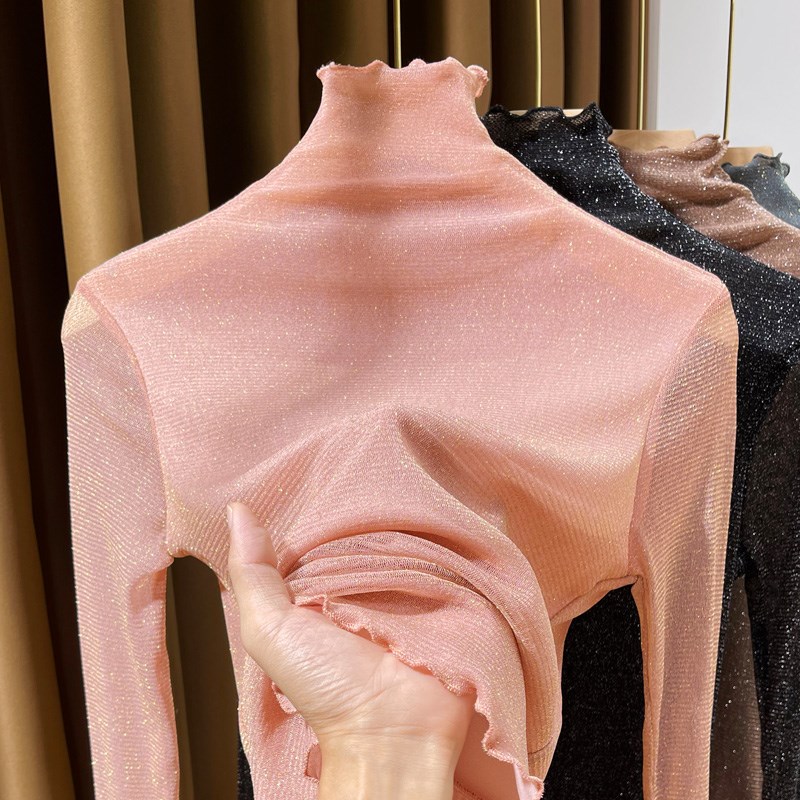 黑色高领网纱打底衫女长袖2024新款木耳边亮丝薄款蕾丝内搭小衫女