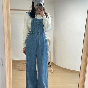 女高腰显瘦宽松拖地新款 ooh hha89657蓝色背带牛仔裤