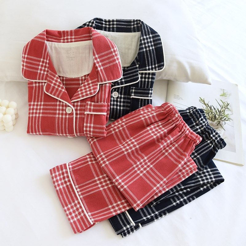 日式简约大格子睡衣儿童春秋纯棉磨毛绒布长袖男女童亲子款家居服