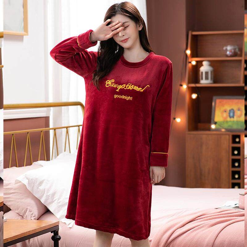 红色睡裙女秋冬加厚珊瑚绒中长款过膝法兰绒中年妈妈大码长袖睡衣