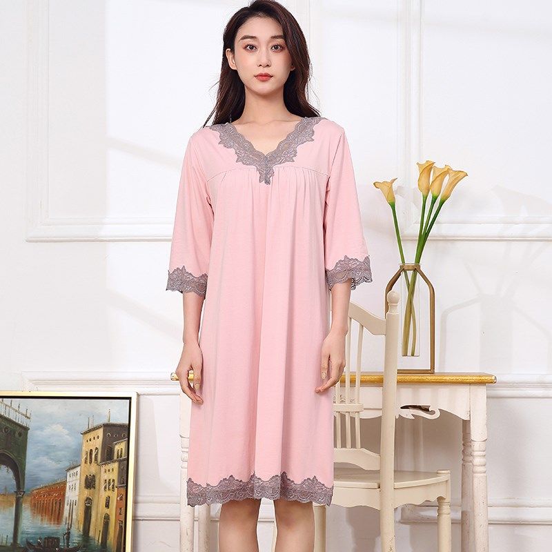 七分袖睡裙2024薄款撞色甜美柔软蕾丝短裙竹纤维春夏宽松睡衣女士