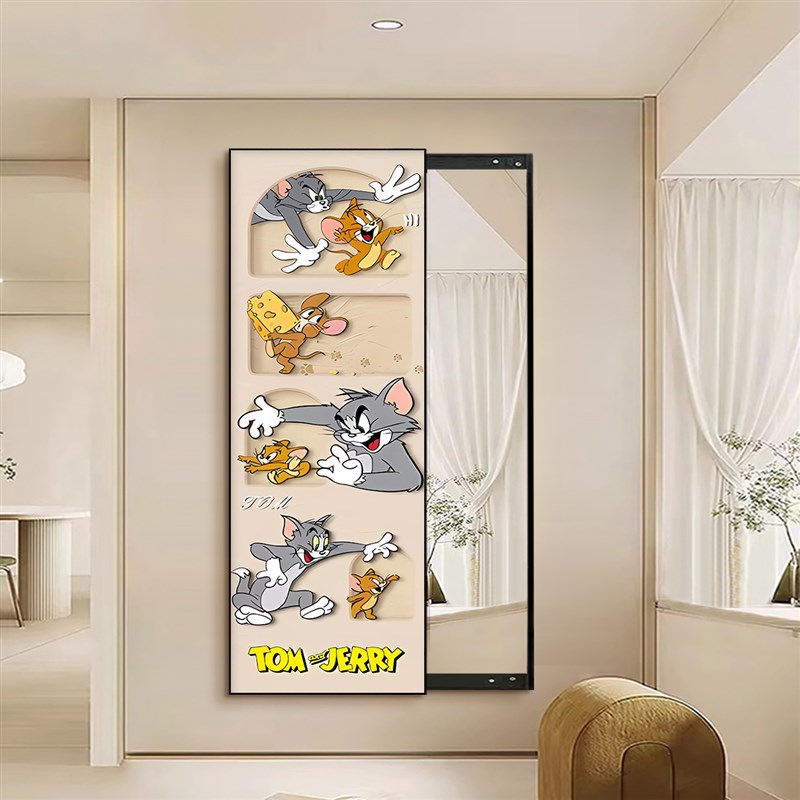 猫鼠艺术隐形全身镜推拉隐藏式镜子创意试衣镜壁挂装饰挂画穿衣镜