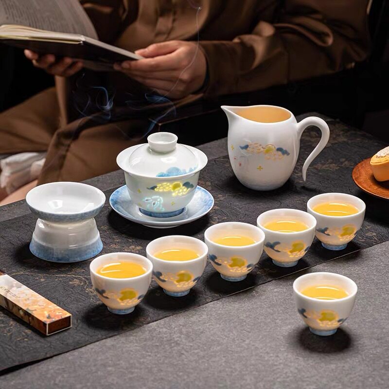景德镇茶具套装釉下彩陶瓷手绘七彩玲珑功夫茶具盖碗茶壶茶杯礼品