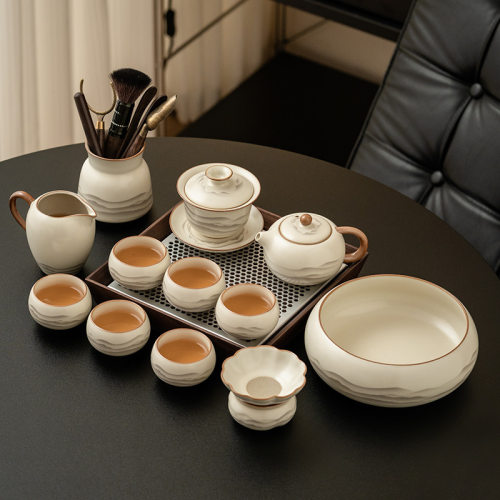 工厂米黄汝窑江山图茶具套装功夫茶具陶瓷泡茶壶盖碗公杯茶杯茶筒