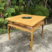 竹编火锅桌椅组合商用老式 竹桌子户外庭院烧烤串串店碳化圆餐桌椅