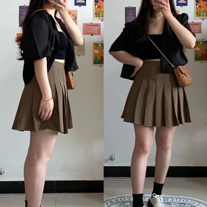 真实测评胖妹妹梨形身材200斤大码春夏松紧腰半身裙卡其百褶裙女