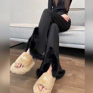 女装 保暖开叉显瘦女裤 高腰弹力加绒加厚微喇西装 女冬季 裤 胖mm大码