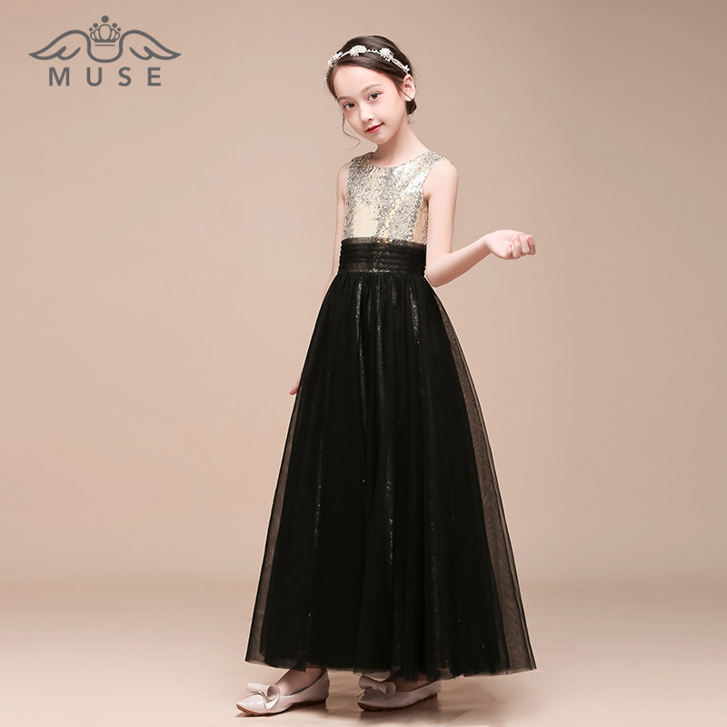 黑色钢琴演出服女童小学生礼服大小提琴古筝演奏中大童音乐团演出