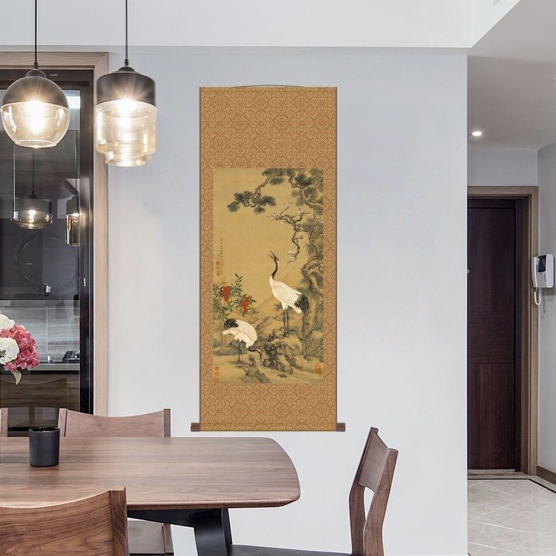 清-沈铨《松梅双鹤图》高清微喷挂轴客厅装饰画立轴挂画韩绫装裱