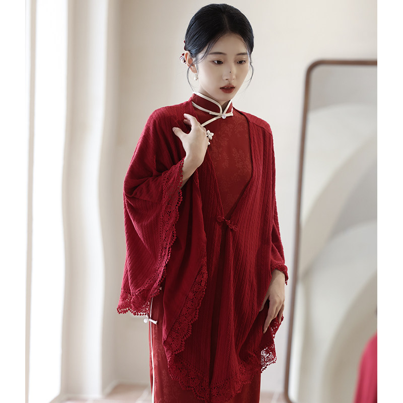 复古民国风红色配旗袍披肩结婚敬酒服新娘秋冬季针织外套披风外搭