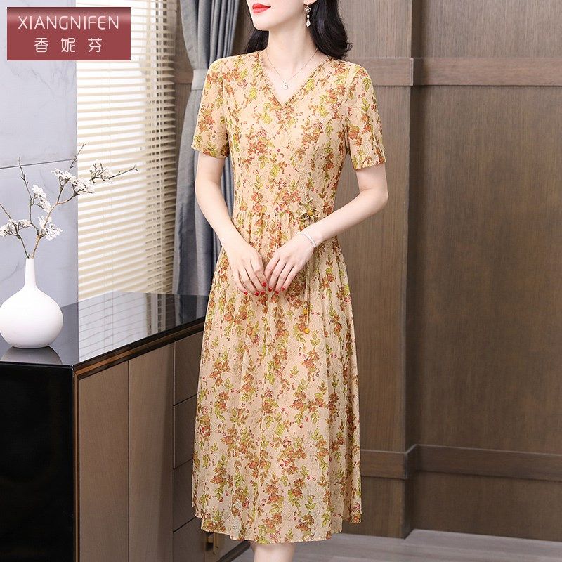 香妮芬端庄大气妈妈洋气高贵连衣裙2025夏季新款遮肚纱网短袖裙子