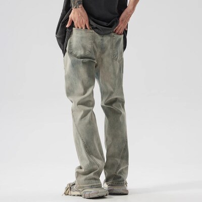 新因素复古牛仔裤做旧折条网纱破洞线条分割设计宽松直筒裤子男款
