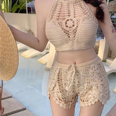 2022夏季海边度假挂脖小吊带背心女短款时尚性感系带镂空针织小衫