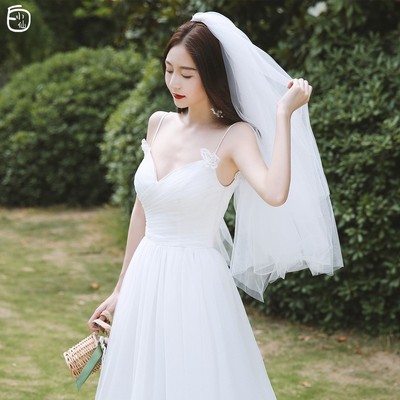 【白小仙】2021秋季新款旅拍轻婚纱森系简约吊带新娘出门纱长礼服