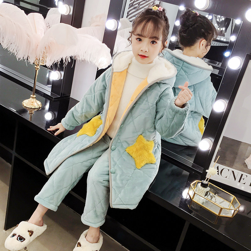 儿童睡衣秋冬季加厚款三层夹棉女童小女孩珊瑚绒法兰绒睡袍家居服