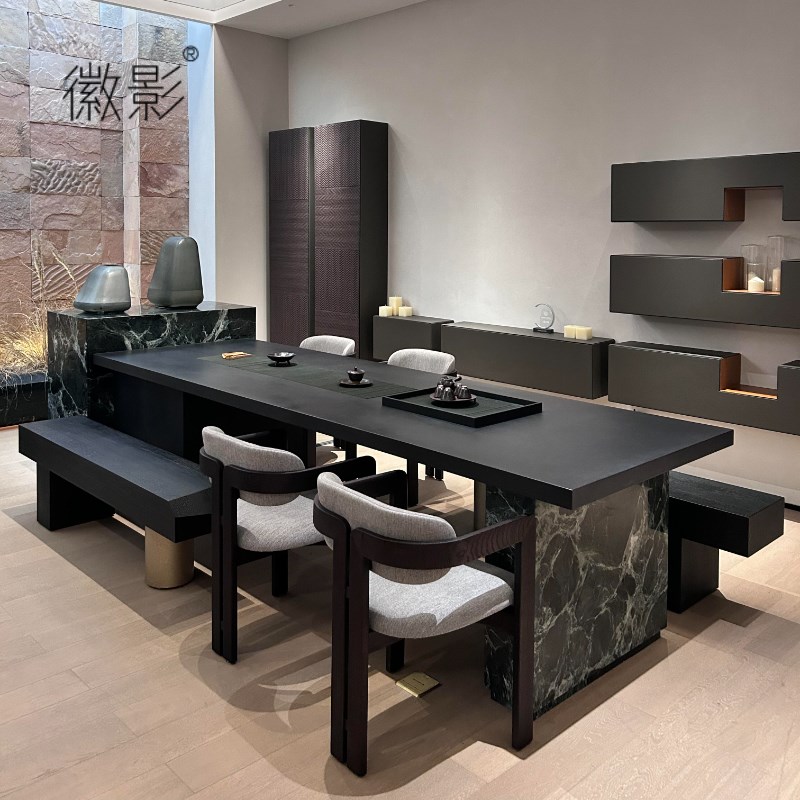 徽影新中式实木茶桌椅组合现代简约意式黑胡桃木岩板岛台泡茶桌