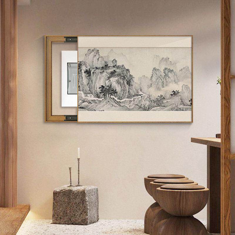 新中式山水风景禅电箱表箱装饰画意水XB2630墨电画免打孔推拉表遮