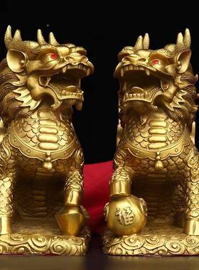 铜麒麟摆富件一对纯铜财麒麟踩八室卦客艺厅办公门SYO口店铺装饰