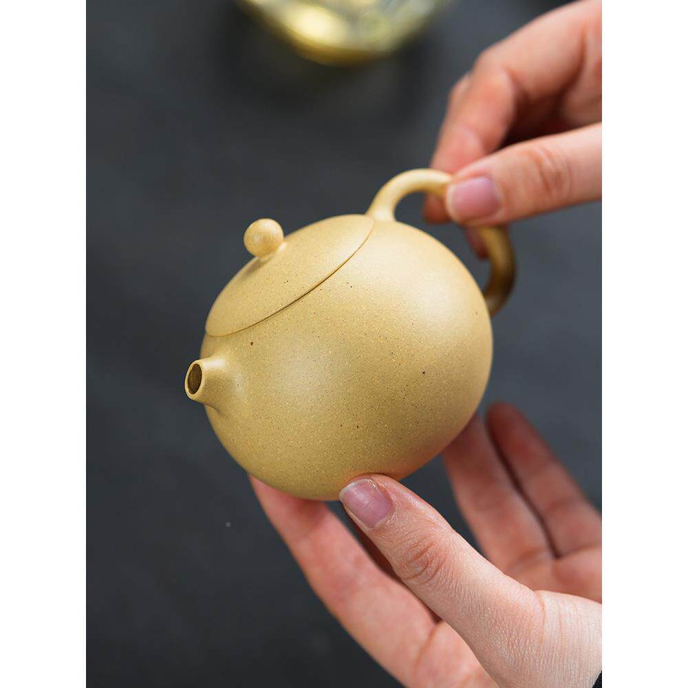 宜兴纯手ECG工紫泥壶原矿素山泥圆月西石绿描茶壶茶具家本庭礼品