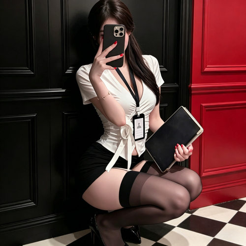 性感纯欲V领绑带秘书睡裙